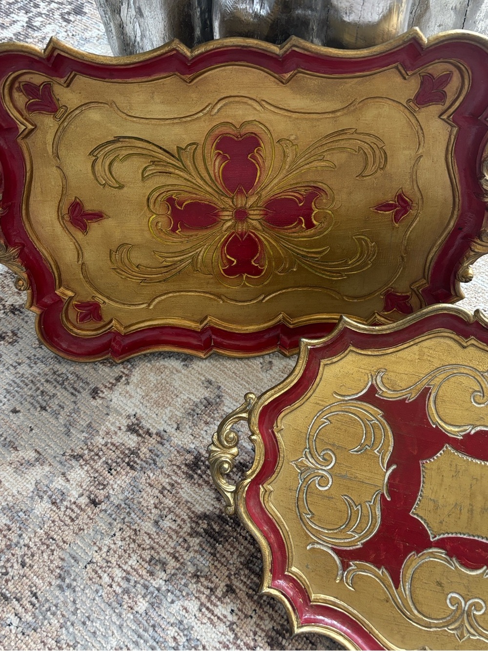 Vintage 1970s red and gold Florentine  tray imagine for Christmas ! Set of two!